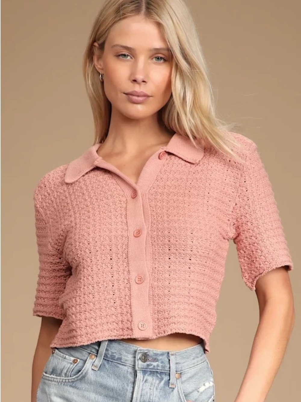 Lulu's Dusty Rose Textured Knit Short Sleeve Sweater